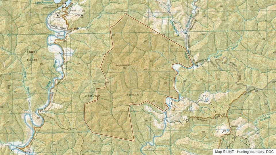 Topographic map of Rimunui Conservation Area in Taranaki, New Zealand, with the DOC hunting boundary outlined.