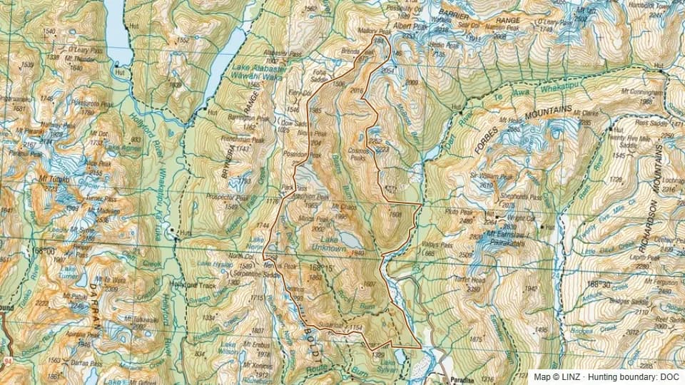 Topographic map of Rock Burn in Otago, New Zealand, with the DOC hunting boundary outlined.
