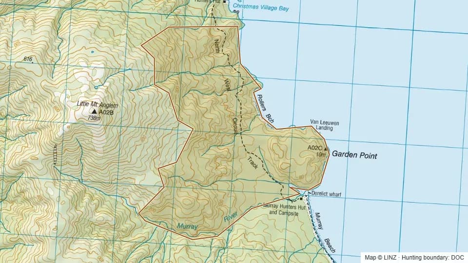 Topographic map of Rollers in Southland, New Zealand, with the DOC hunting boundary outlined.