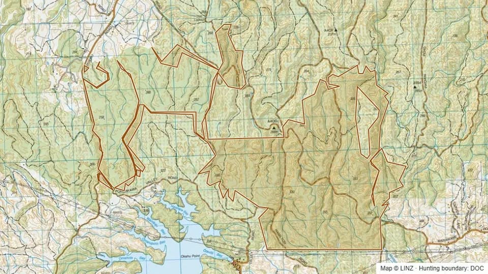Topographic map of Rotoehu Forest in Bay of Plenty, New Zealand, with the DOC hunting boundary outlined.