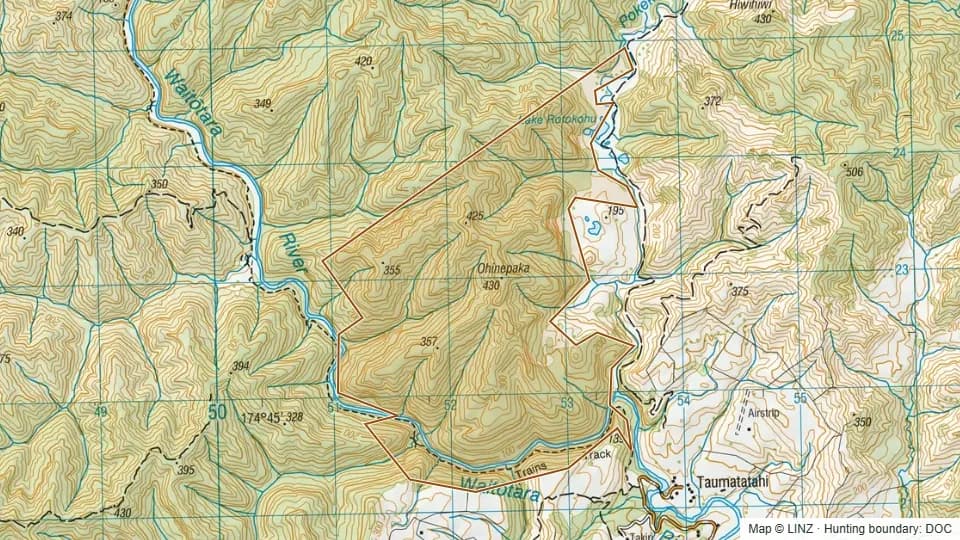 Topographic map of Rotokohu Scenic Reserve in Taranaki, New Zealand, with the DOC hunting boundary outlined.