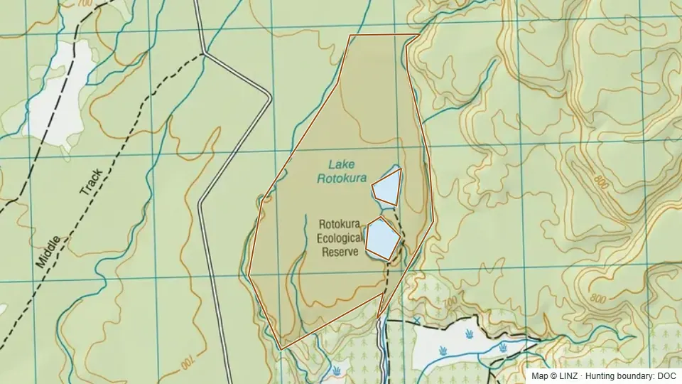 Topographic map of Rotokura Ecological Area in Manawatu-Wanganui, New Zealand, with the DOC hunting boundary outlined.