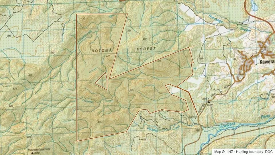 Topographic map of Rotoma Forest in Bay of Plenty, New Zealand, with the DOC hunting boundary outlined.