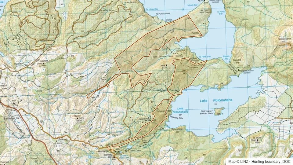 Topographic map of Rotomahana Conservation Area in Bay of Plenty, New Zealand, with the DOC hunting boundary outlined.