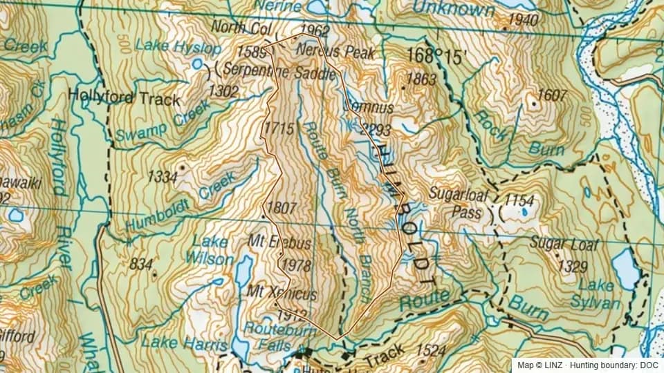 Topographic map of Routeburn North Branch in Otago, New Zealand, with the DOC hunting boundary outlined.