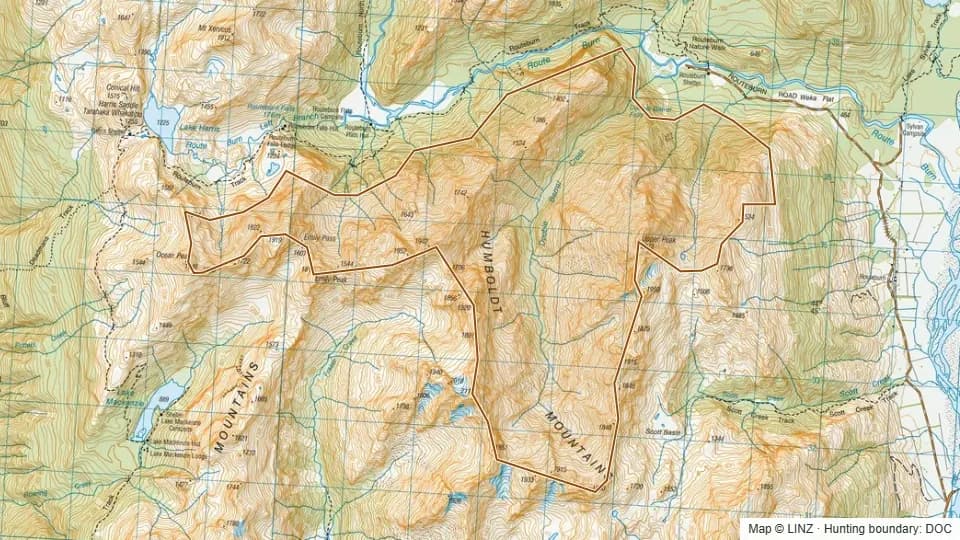 Topographic map of Routeburn in Otago, New Zealand, with the DOC hunting boundary outlined.