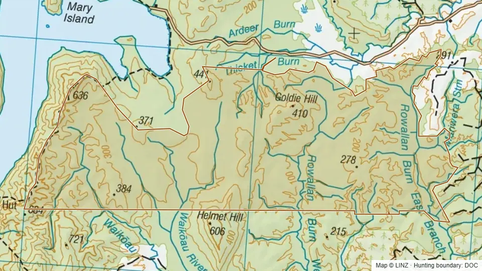 Topographic map of Rowallan Conservation Area in Southland, New Zealand, with the DOC hunting boundary outlined.