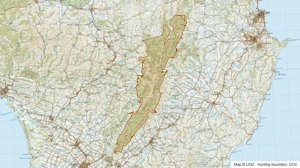Topographic map of Ruahine Forest Park in Manawatu-Wanganui, New Zealand, with the DOC hunting boundary outlined.