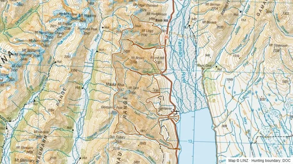 Topographic map of Ruataniwha in Canterbury, New Zealand, with the DOC hunting boundary outlined.