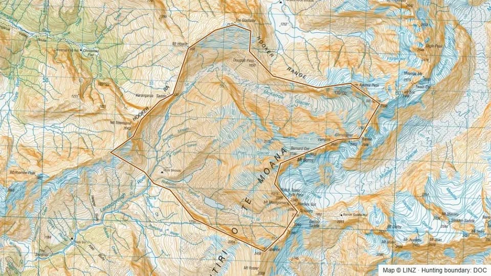 Topographic map of Rubicon Rock Biv in West Coast, New Zealand, with the DOC hunting boundary outlined.