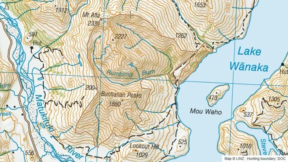 Topographic map of Rumbling Burn in Otago, New Zealand, with the DOC hunting boundary outlined.