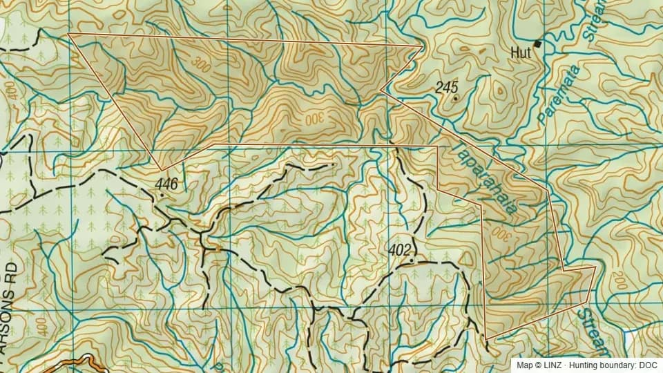 Topographic map of Russell Forest (Addition No2) Conservation Area in Northland, New Zealand, with the DOC hunting boundary outlined.