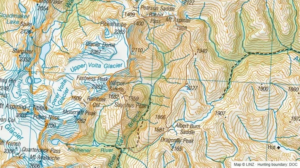 Topographic map of Ruth Flat in Otago, New Zealand, with the DOC hunting boundary outlined.