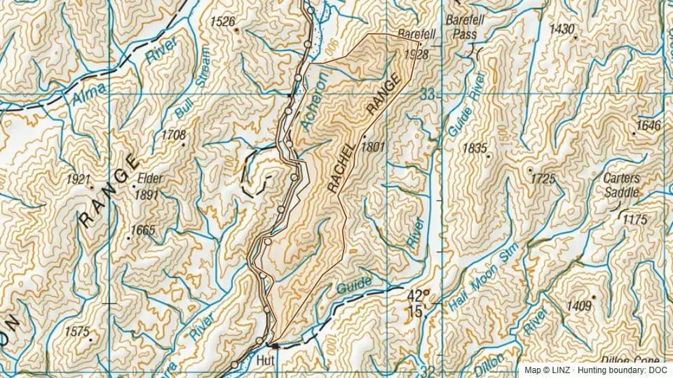Topographic map of Sawnee in Marlborough, New Zealand, with the DOC hunting boundary outlined.
