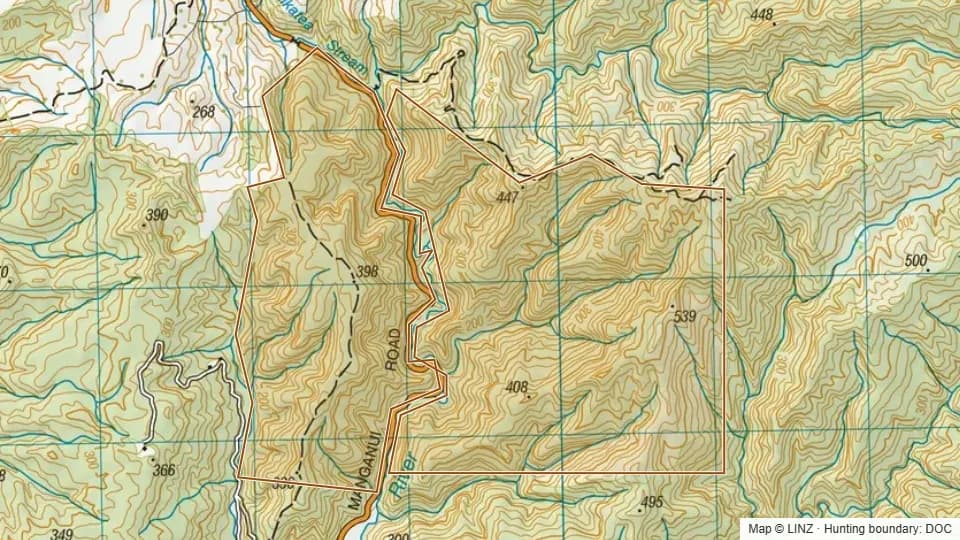 Topographic map of Scenic Reserve - Manganui Road in Waikato, New Zealand, with the DOC hunting boundary outlined.