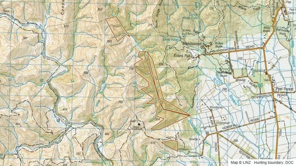 Topographic map of Scotsburn in Canterbury, New Zealand, with the DOC hunting boundary outlined.