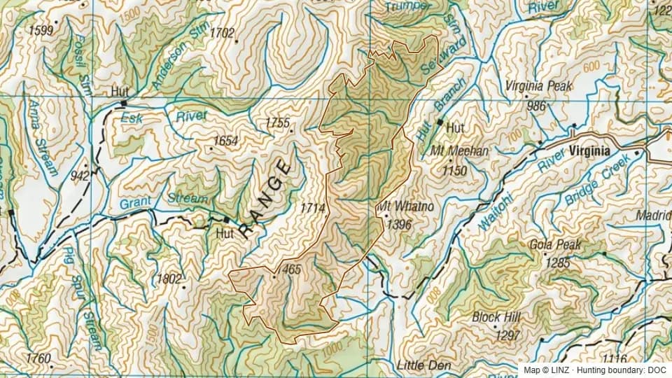 Topographic map of Seaward in Canterbury, New Zealand, with the DOC hunting boundary outlined.