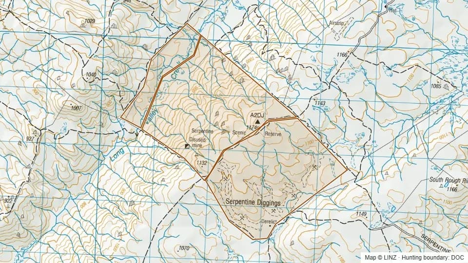 Topographic map of Serpentine in Otago, New Zealand, with the DOC hunting boundary outlined.