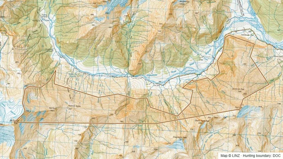 Topographic map of Shotover Saddle Faces in Otago, New Zealand, with the DOC hunting boundary outlined.