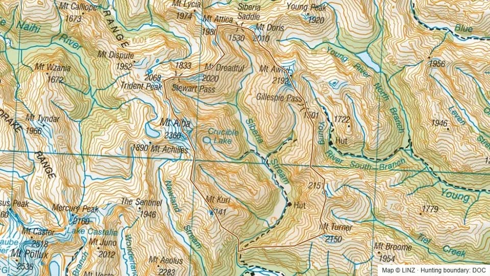 Topographic map of Siberia in Otago, New Zealand, with the DOC hunting boundary outlined.