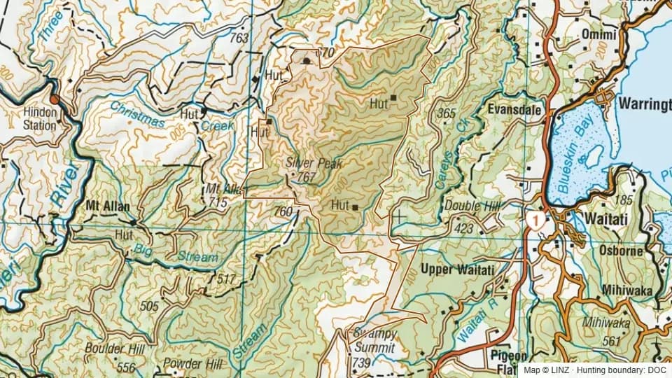 Topographic map of Silverpeaks in Otago, New Zealand, with the DOC hunting boundary outlined.