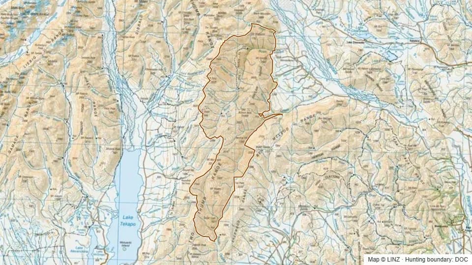 Topographic map of Sinclair Range in Canterbury, New Zealand, with the DOC hunting boundary outlined.