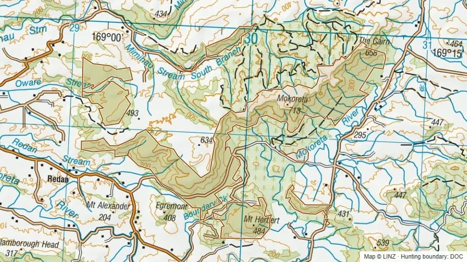 Topographic map of Slopedown in Southland, New Zealand, with the DOC hunting boundary outlined.