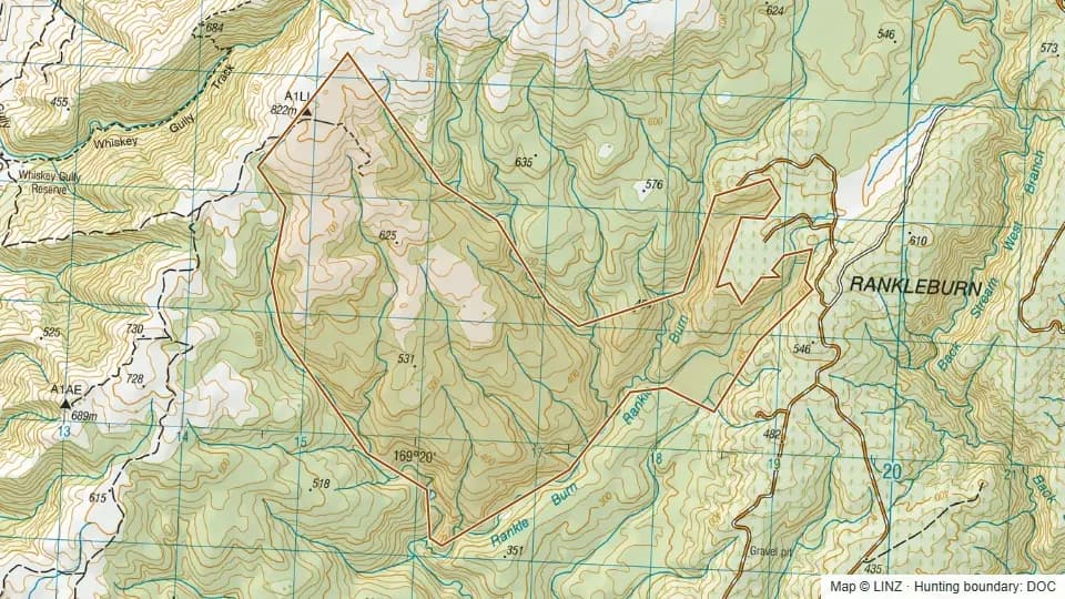 Topographic map of Smithys Spur - Blue Mountains in Otago, New Zealand, with the DOC hunting boundary outlined.