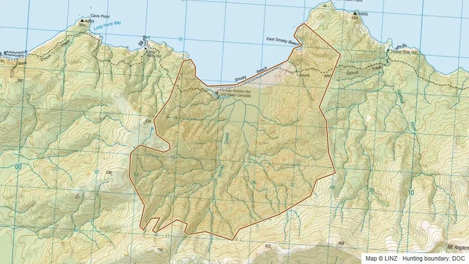 Topographic map of Smokey in Southland, New Zealand, with the DOC hunting boundary outlined.
