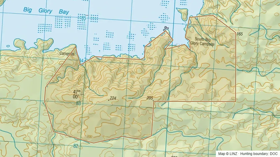 Topographic map of South Big Glory in Southland, New Zealand, with the DOC hunting boundary outlined.