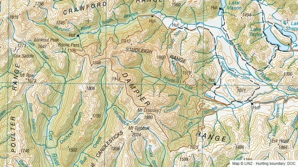 Topographic map of South Hurunui in Canterbury, New Zealand, with the DOC hunting boundary outlined.