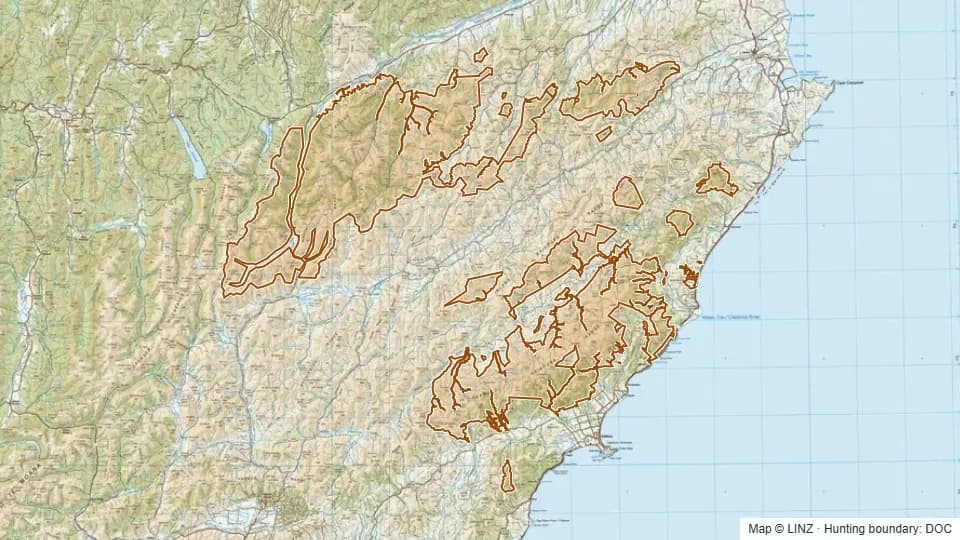 Topographic map of South Marlborough Conservation Land/Reserves in Marlborough, New Zealand, with the DOC hunting boundary outlined.