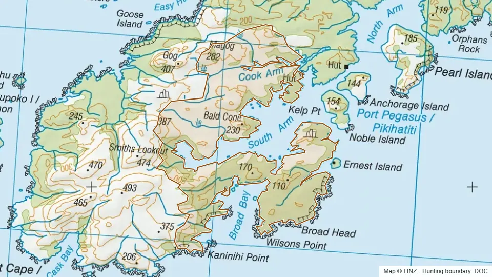 Topographic map of South Pegasus in Southland, New Zealand, with the DOC hunting boundary outlined.