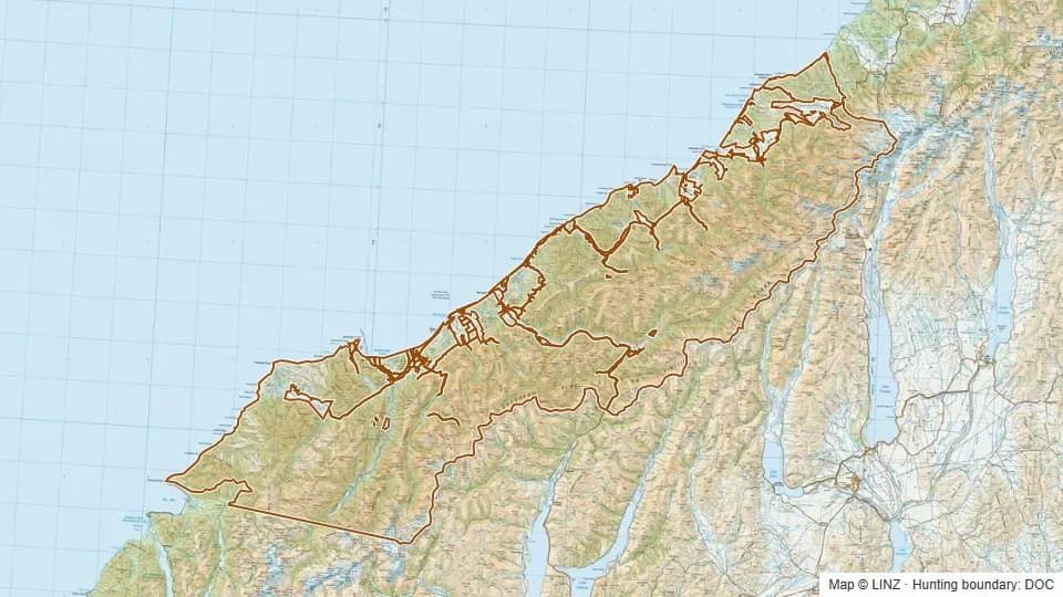 Topographic map of South Westland - Weheka in West Coast, New Zealand, with the DOC hunting boundary outlined.