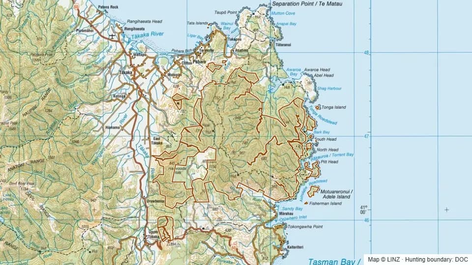 Topographic map of Southern Abel Tasman National Park in Tasman, New Zealand, with the DOC hunting boundary outlined.