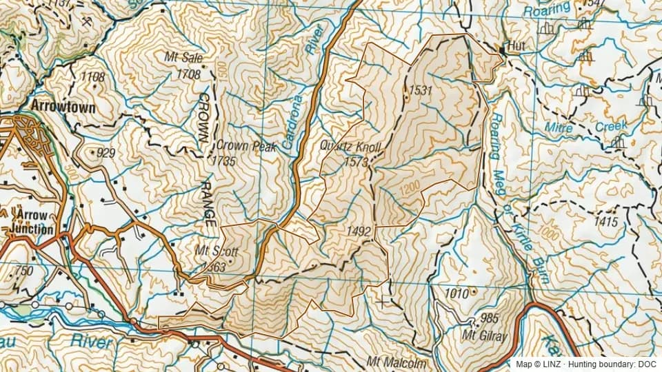 Topographic map of Southern Pisa Conservation Area in Otago, New Zealand, with the DOC hunting boundary outlined.