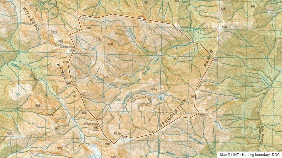 Topographic map of Speculation Creek in West Coast, New Zealand, with the DOC hunting boundary outlined.