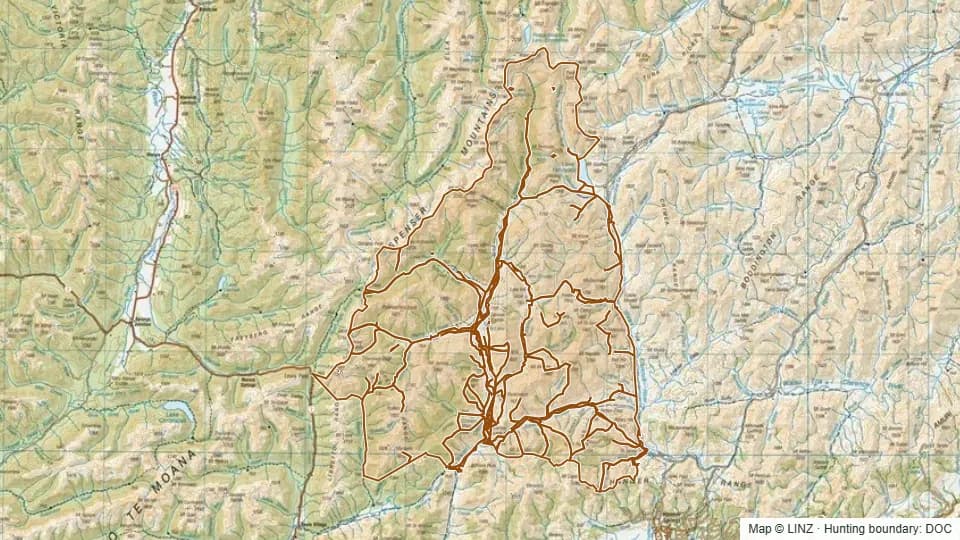 Topographic map of St James in Canterbury, New Zealand, with the DOC hunting boundary outlined.