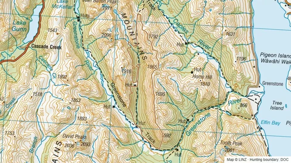 Topographic map of Steele Creek RHA in Otago, New Zealand, with the DOC hunting boundary outlined.