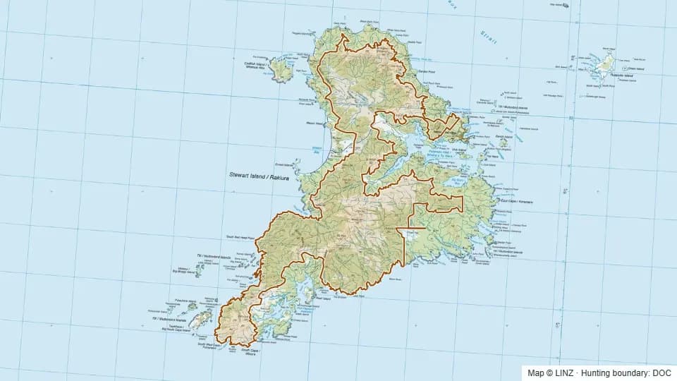 Topographic map of Stewart Island Open Hunting Area in Southland, New Zealand, with the DOC hunting boundary outlined.