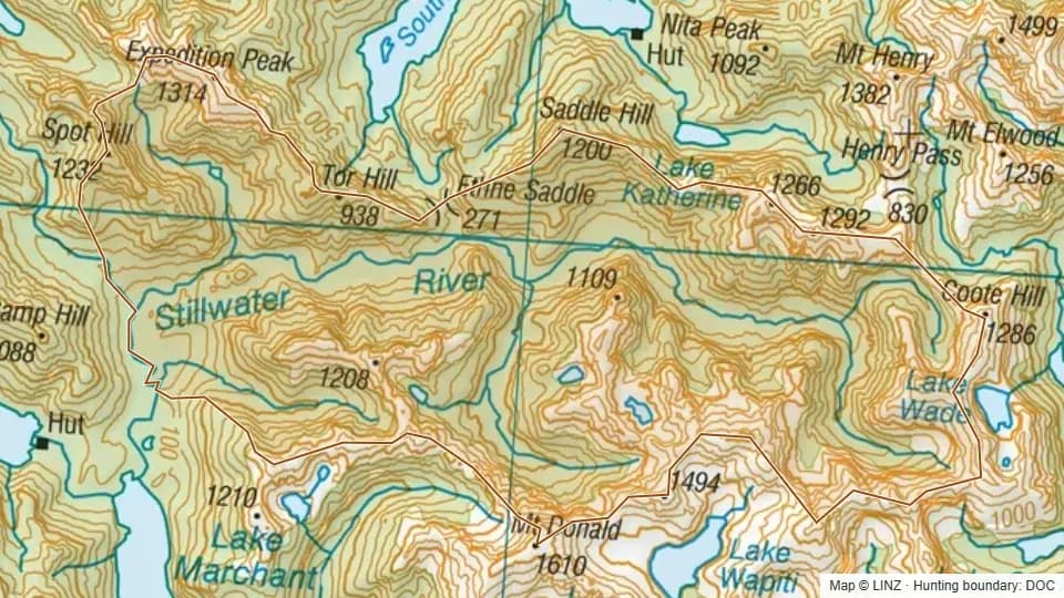 Topographic map of Stillwater in Southland, New Zealand, with the DOC hunting boundary outlined.