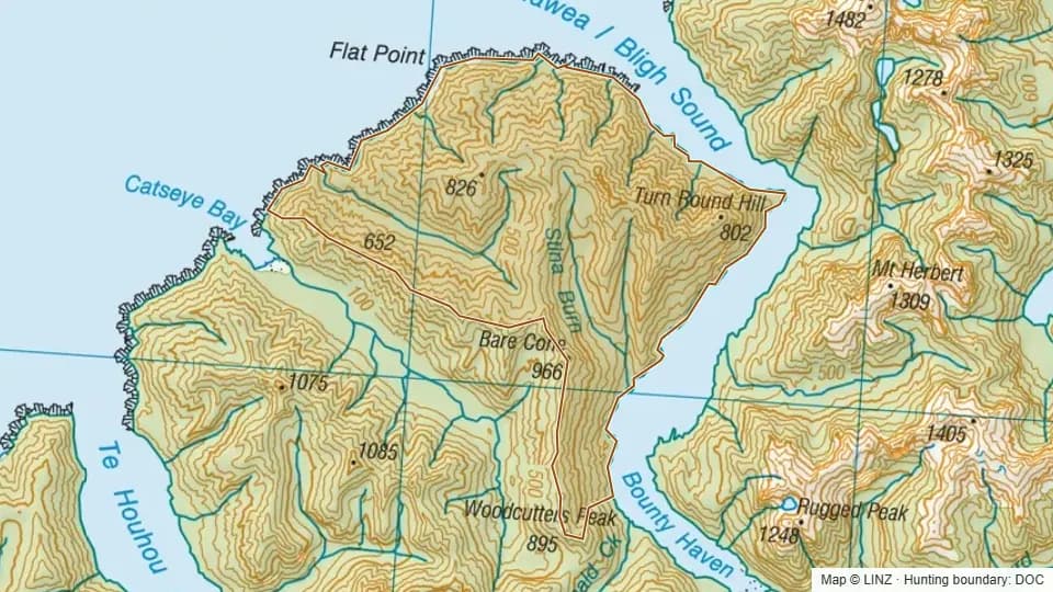 Topographic map of Stina Burn in Southland, New Zealand, with the DOC hunting boundary outlined.