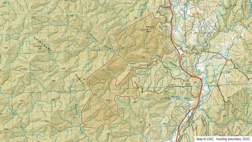 Topographic map of Stoney Creek Conservation Area in Hawke's Bay, New Zealand, with the DOC hunting boundary outlined.