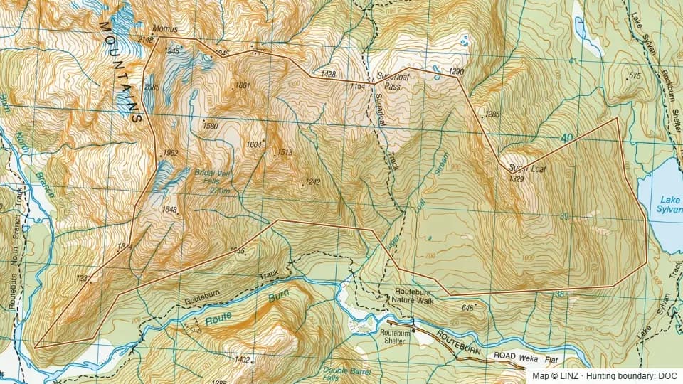 Topographic map of Sugarloaf in Otago, New Zealand, with the DOC hunting boundary outlined.