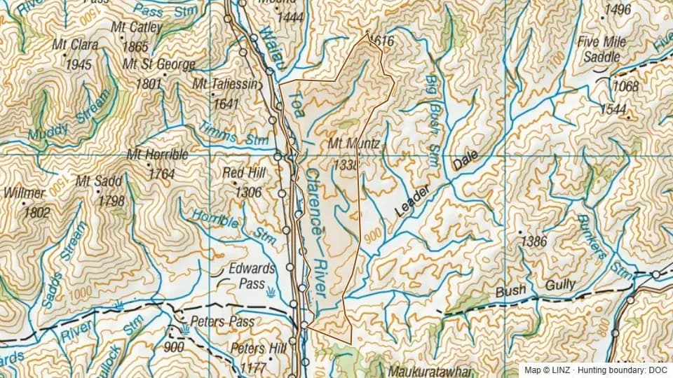 Topographic map of Super Shed in Canterbury, New Zealand, with the DOC hunting boundary outlined.