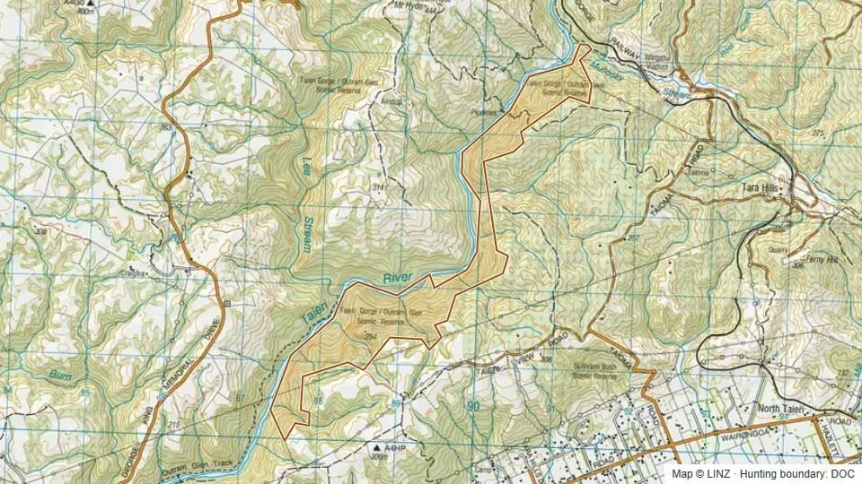 Topographic map of Taieri Gorge in Otago, New Zealand, with the DOC hunting boundary outlined.