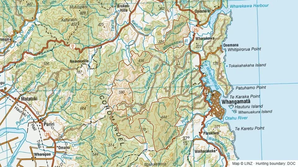 Topographic map of Tairua Forest Conservation Area in Waikato, New Zealand, with the DOC hunting boundary outlined.