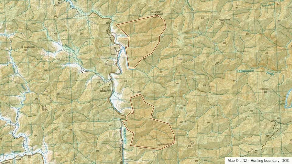 Topographic map of Takaputahi Conservation Area in Bay of Plenty, New Zealand, with the DOC hunting boundary outlined.