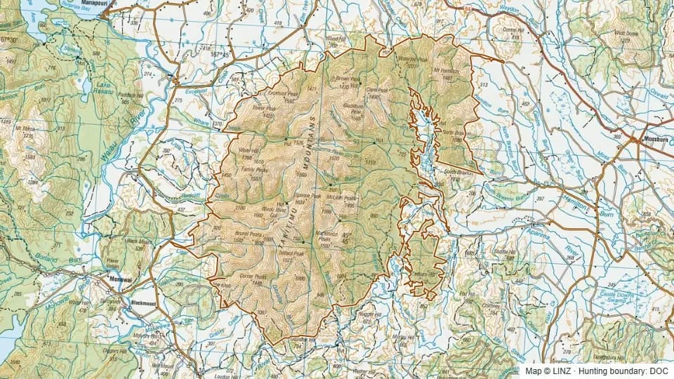 Topographic map of Takitimu Conservation Area including adjacent PCL in Southland, New Zealand, with the DOC hunting boundary outlined.