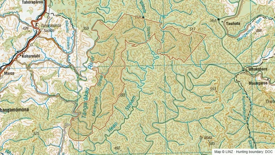 Topographic map of Tangarakau Conservation Area in Manawatu-Wanganui, New Zealand, with the DOC hunting boundary outlined.
